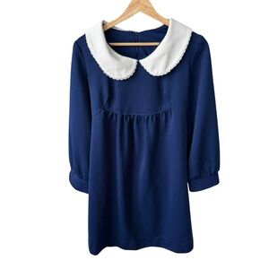 Vtg 60s 70s Jeanette Navy blue maternity Dress White Peter Pan Collar medium
